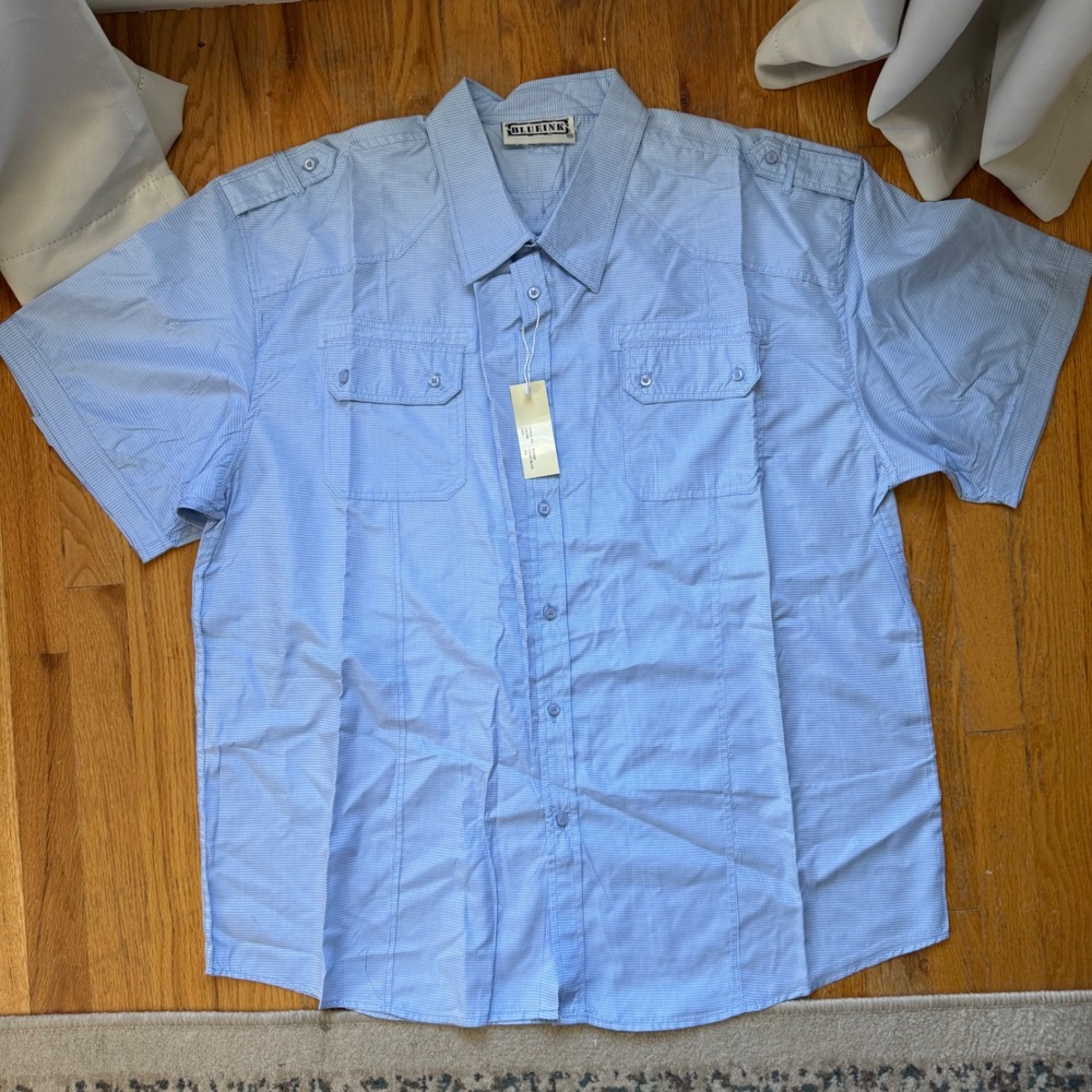 Blue Ink Men 4XL Light Blue Check Short Sleeve Utility Shirt WS3002 NWT Big Tall
